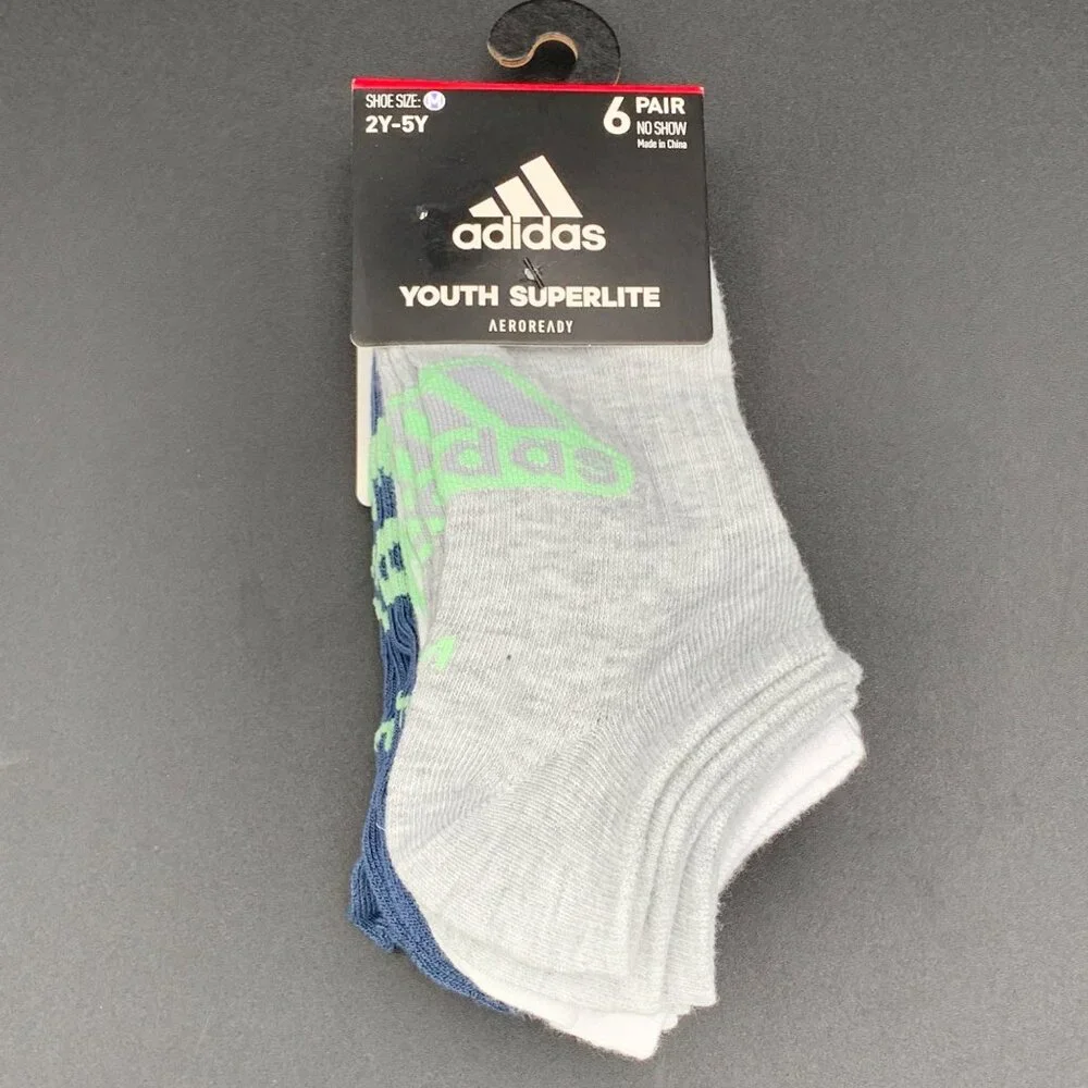 Adidas Youth Superlite No Show‎ Socks 6-Pack M 2Y-5Y AEROREADY Gray White Blue